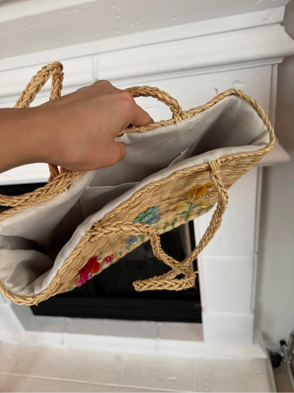 Vintage Straw Tote with Red, Green, Yellow & Blue Floral Accents
